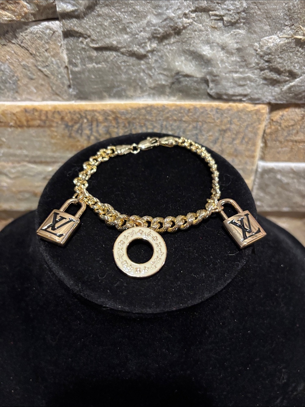 Gold-tone Charm Bracelet with LV Padlock and LV donut Charm